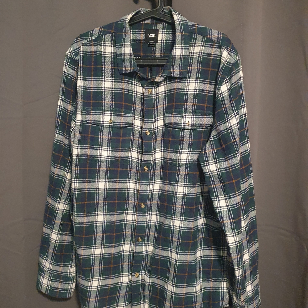 Vans Men's Navy, Green And White Plaid Button Down Shirt